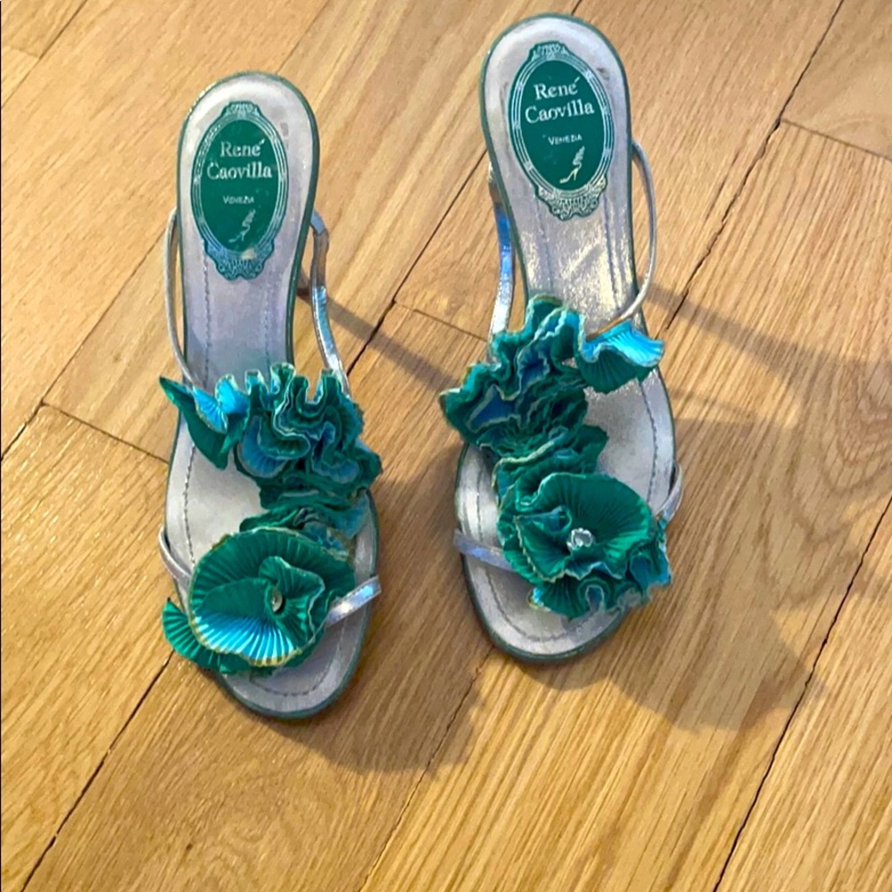Vintage Rene Caovilla silver green turq sandals